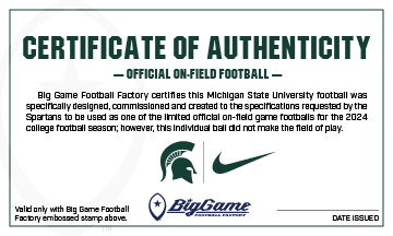 Michigan State Spartans Official Nike Game Football Certificate of Authenticity.