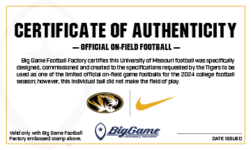 Missouri Tigers Official Nike Vapor Elite Game Football Certificate of Authenticity.