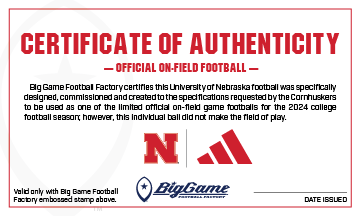 Nebraska Cornhuskers Official Adidas Game Football Certificate of Authenticity.