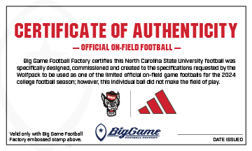 NC State Wolfpack Official Adidas Game Football Certificate of Authenticity