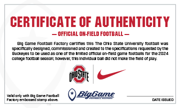 Ohio State Buckeyes Official Nike Game Football Certificate of Authenticity.