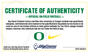 Oregon Ducks Official Nike Game Football Certificate of Authenticity.