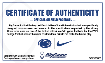 Penn State Nittany Lions Official Nike 'Away' Game Football Certificate of Authenticity.