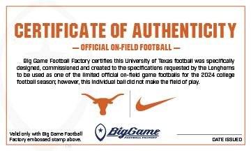 Texas Longhorns Official Nike Game Football Certificate of Authenticity.