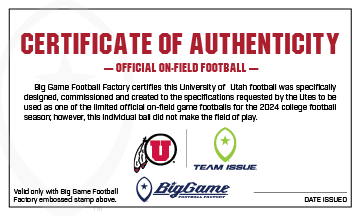 Utah Utes Team Issue Leather Football Certificate of Authenticity.