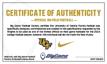 UCF Knights Official Nike Game Ball Certificate of Authenticity.