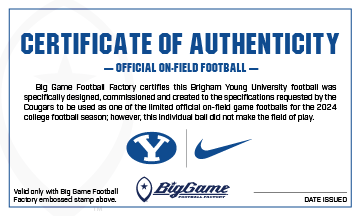 BYU Cougars Official Nike Vapor Elite Game Football Certificate of Authenticity