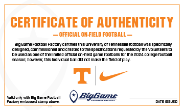 Tennessee Volunteers Official Nike Vapor Elite Game Football Certificate of Authenticity.