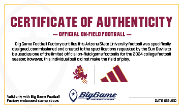 Arizona State Sun Devils Official Adidas Game Football Certificate of Authenticity 