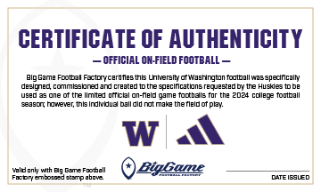 Washington Huskies Official Adidas Game Football Certificate of Authenticity.