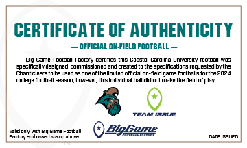 Coastal Carolina Chanticleers Official Team Issue Game Football Certificate of Authenticity.