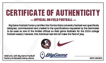 Florida State Seminoles Official Nike Game Football Certificate of Authenticity