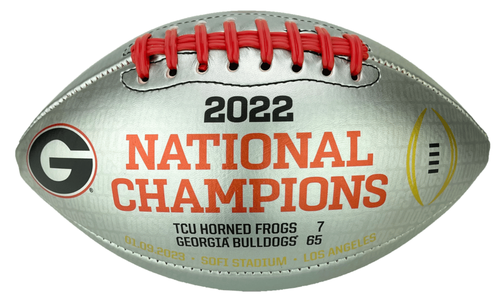 Team issue football for the 2022 national champions, Georgia Bulldogs. Side view of final game info.