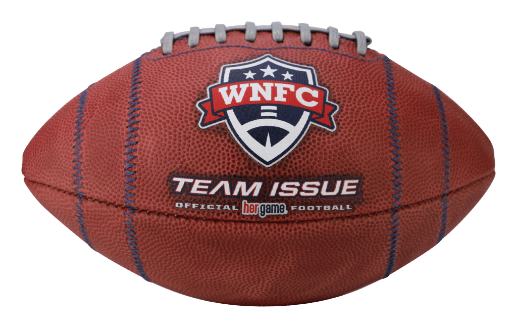 side view of team issue football for women's national football conference.